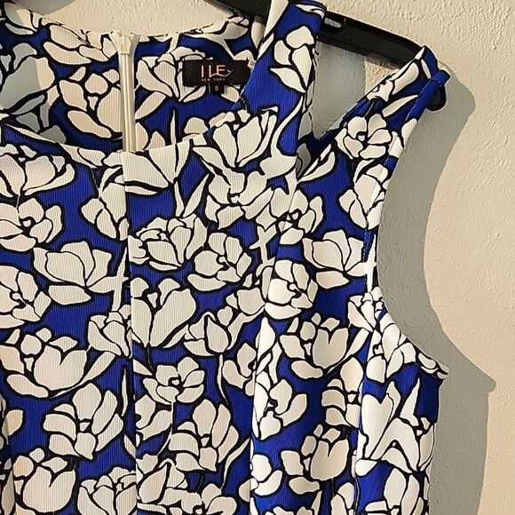 ILE New York Dress Sz 8 Blue & White Floral Patterned, Pleated Fit & Flare - Picture 5 of 6